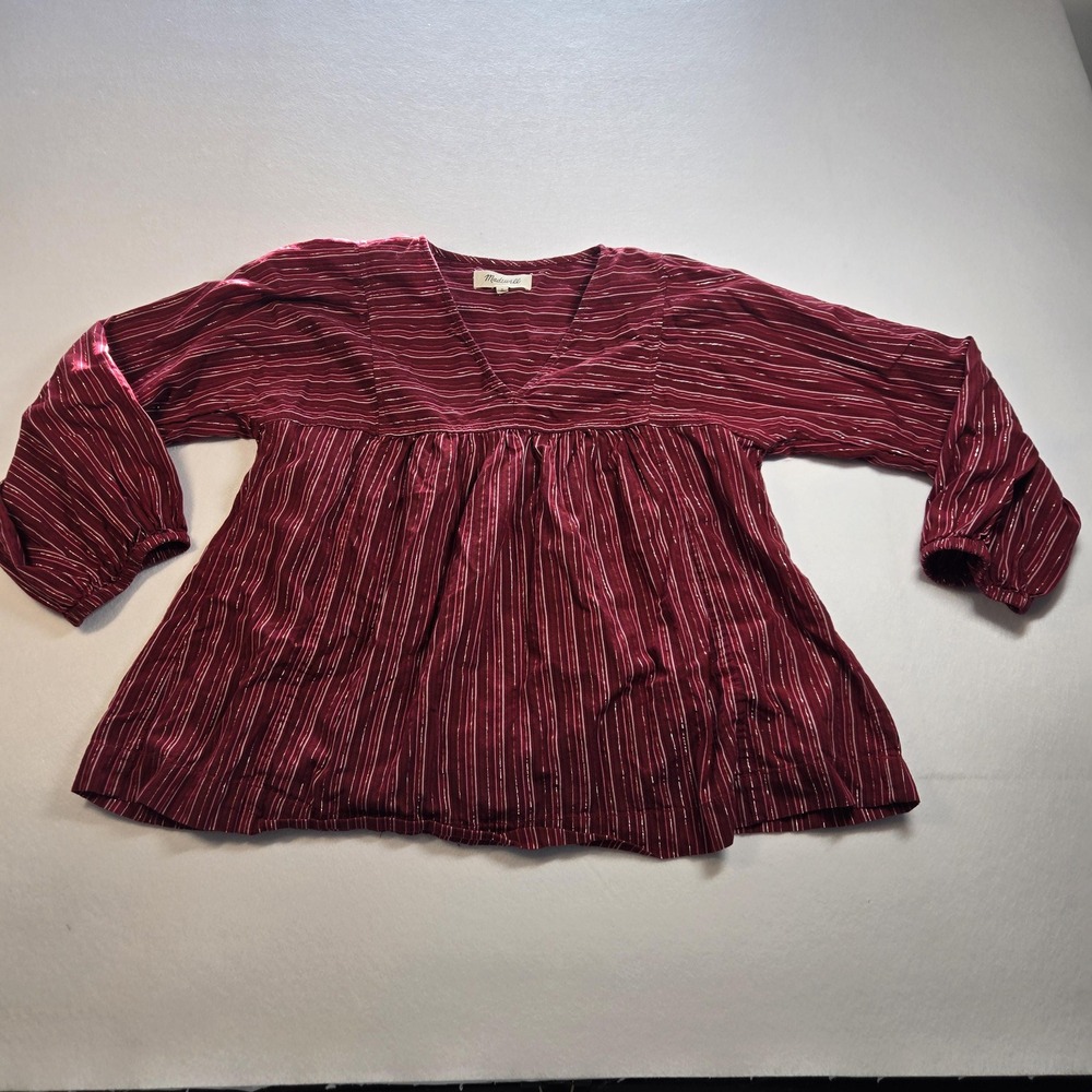 Madewell Babydoll Top Women M Red Excellent Metallic Stripe V-Neck Long Sleeve